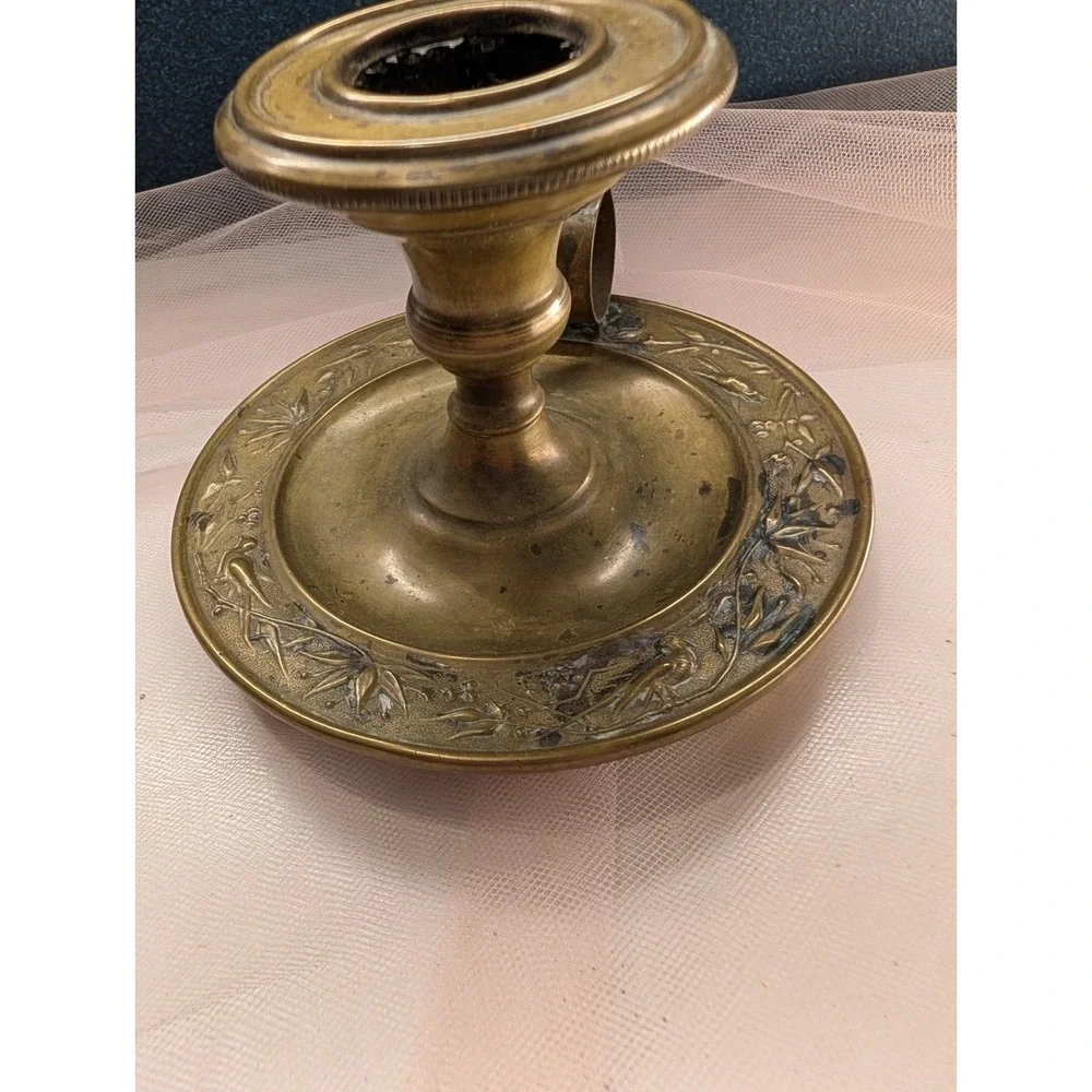 Brass Chamberstick Candle Holder & Pair of Lion Head Ring Pulls Vanity Hardware